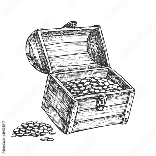 Treasure Chest Piles Of Coins Around Ink Vector. Medieval Open Wooden Chest Box With Jewelry Precious. Wealth Engraving Template Hand Drawn In Retro Style Black And White Illustration