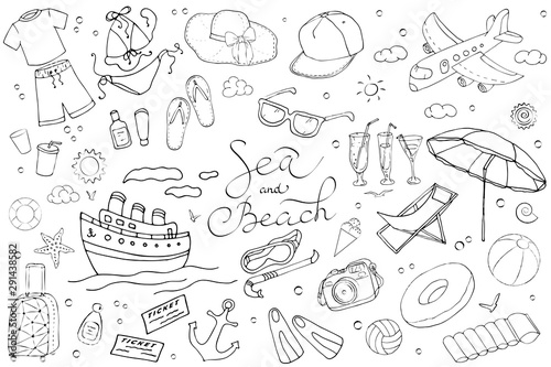 Sea and beach collection. Vector set of monochrome funny doodle summer symbols for a beach holiday. Isolated elements on a white background. Linear hand drawn illustration.