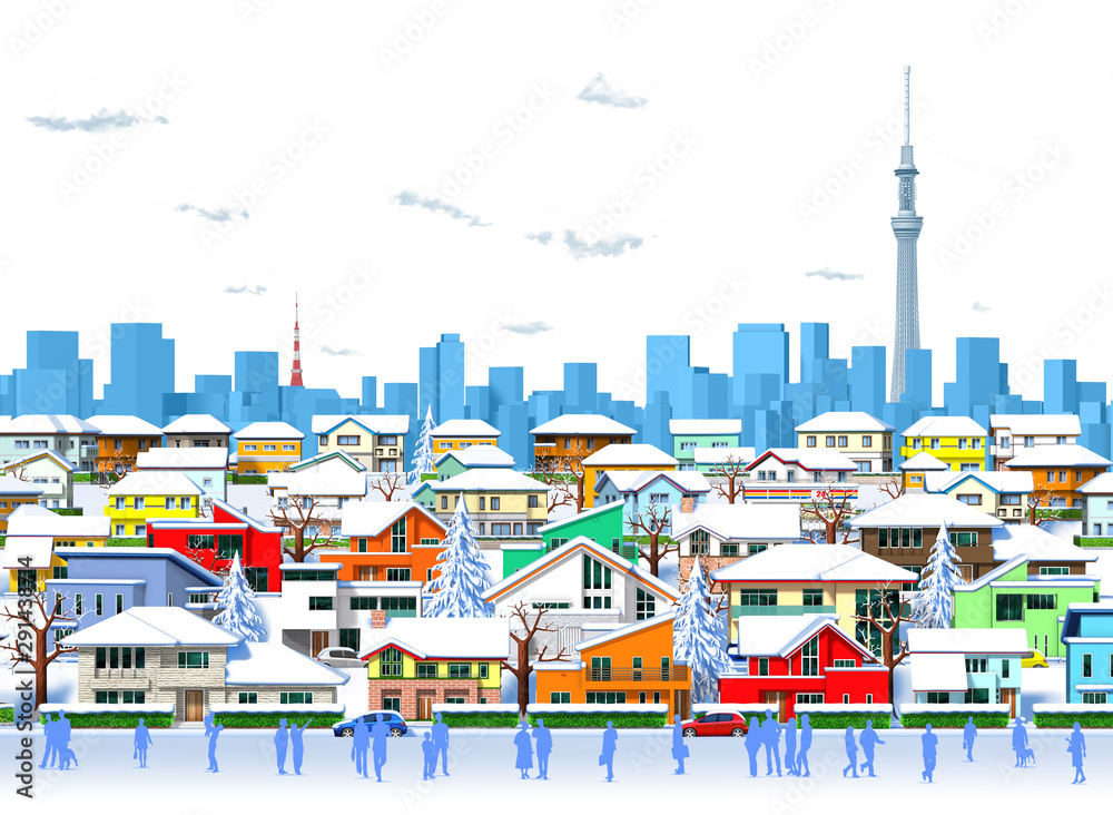 Snowy Tokyo residential area and residents orthogonal white background by 3d rendering