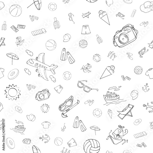 Vector seamless pattern with monochrome funny doodle summer symbols for a beach holiday. Linear hand drawn illustration