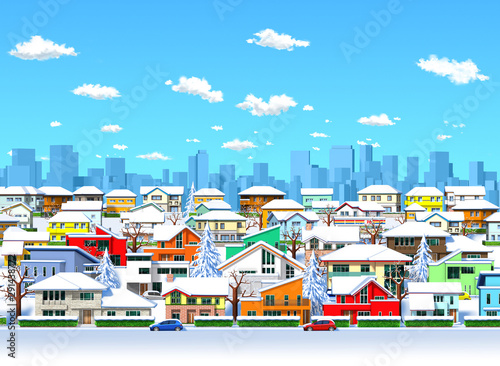 Sunny snow residential area orthogonal 3d render © mayoyoma