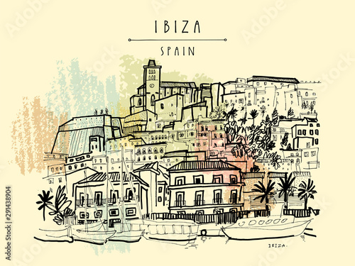 Ibiza Town Old city, Balearic islands, Spain, Europe. Ibiza castle. Historical buildings. Travel sketch. Hand drawn vintage book illustration, greeting card, postcard