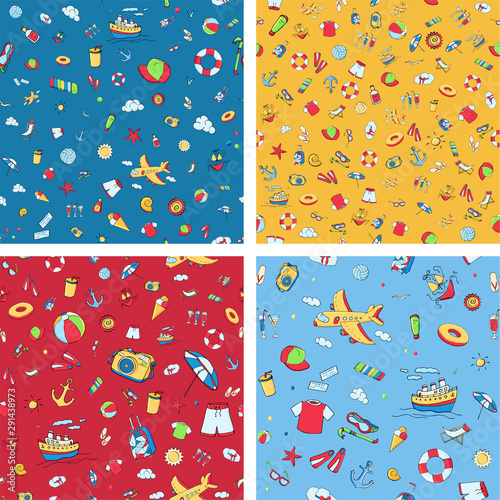 Set of vector seamless pattern with multicolour funny doodle summer symbols for a beach holiday. Colorful hand drawn illustration