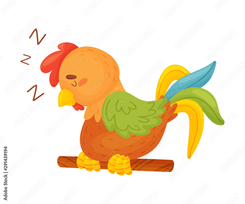 Cartoon brown rooster sleeping on a thin stick. Vector illustration on a white background. Cartoon brown rooster sleeping on a thin stick. Vector illustration on a white background.