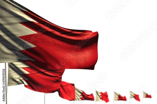 wonderful any holiday flag 3d illustration. - Bahrain isolated flags placed diagonal, illustration with bokeh and space for your text