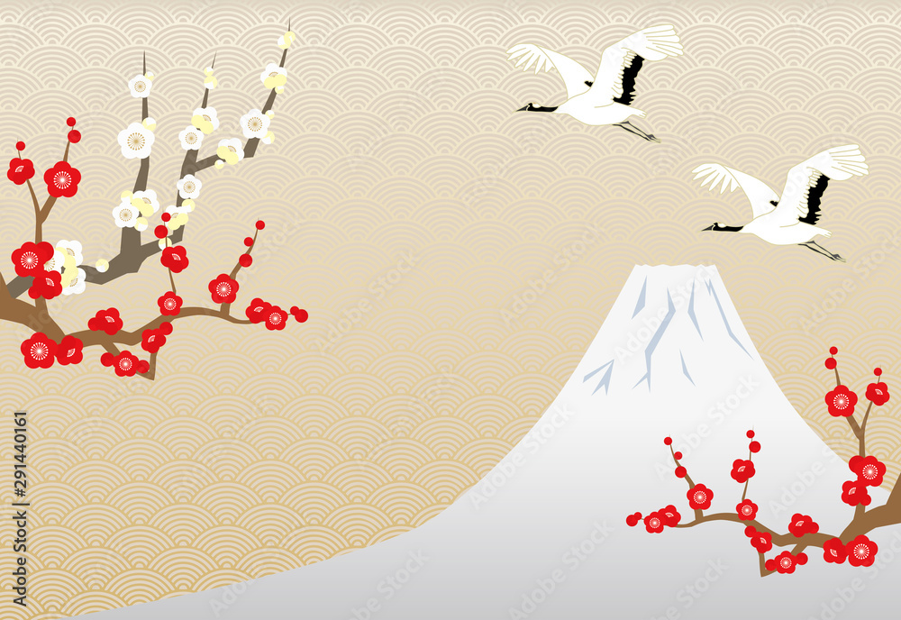 梅 鶴 富士山 和柄の背景イラスト Stock Vector Adobe Stock 梅 鶴 富士山 和柄の背景イラスト Stock Vector Adobe Stock