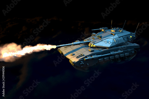 Grey modern tank with not existing design fighting on dark smoke background  isolated high detail serve and protect concept - military 3D Illustration