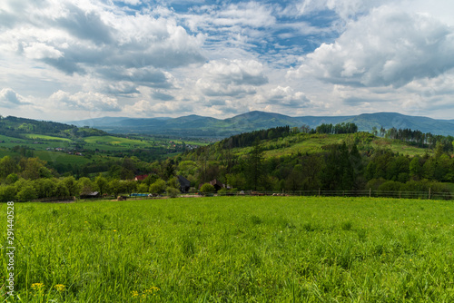 beautiful springtime surrounding of Vendryne village with meadows  hills and dispersed settlement