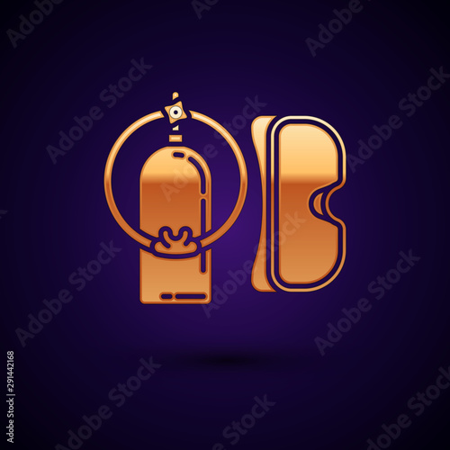 Gold Diving mask and aqualung icon isolated on dark blue background. Oxygen tank for diver. Extreme sport. Sport equipment. Vector Illustration