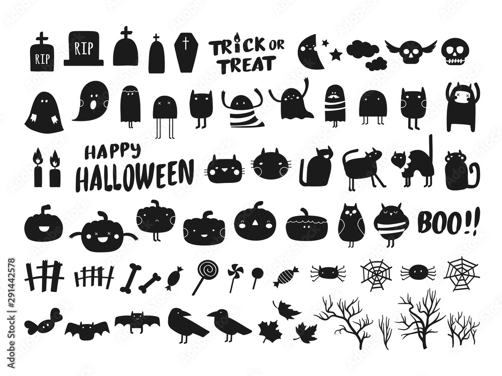 Obraz premium Vector collection of Halloween silhouettes characters and icons. Black Halloween design elements on white background 