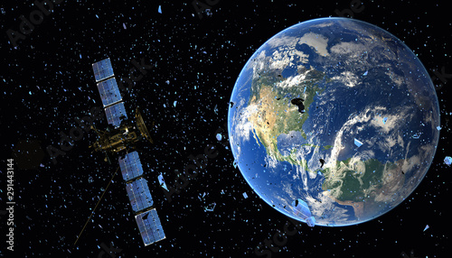 Fototapeta Naklejka Na Ścianę i Meble -  satellite in orbit among space debris-3d illustration