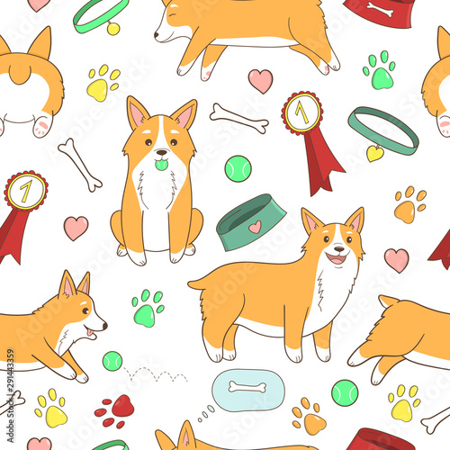 Childish seamless pattern. Cute cartoon Welsh Corgi puppy. Dog care objects. Vector characters. For nursery.