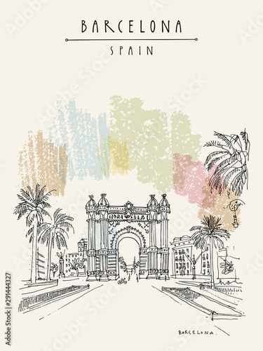 Barcelona, Catalonia, Spain. Arc de Triomf (Triumphal Arch) in the Neo-Mudejar style and palm trees. Travel sketch. Hand drawn vintage touristic postcard, poster, book illustration. EPS10 vector art