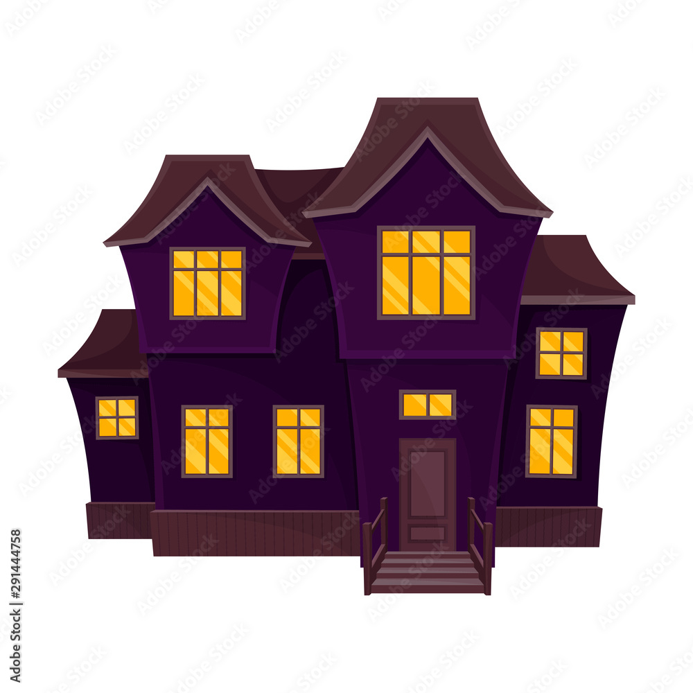 Dark purple spooky house with wooden porch. Vector illustration.