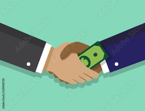 two businessmen shake hands and pass a bribe