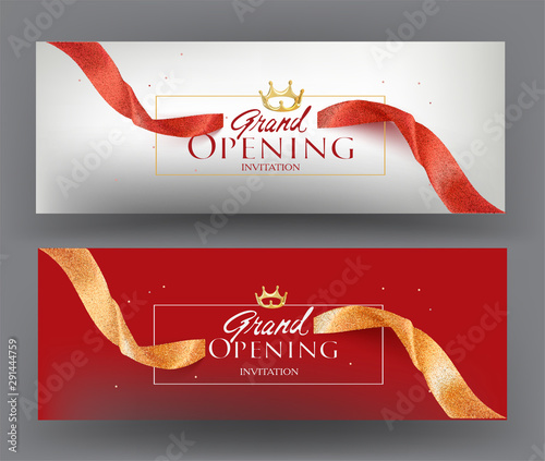 Elegant grand opening gold and red invitation card with sparkling ribbons. Vector illustration