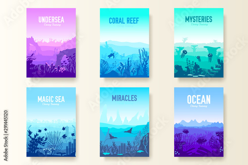 dedicated to undersea vector brochure cards set. Coral reef in the ocean template of flyear, magazines, poster, book cover, banners. invitation concept background. Layout illustration modern page