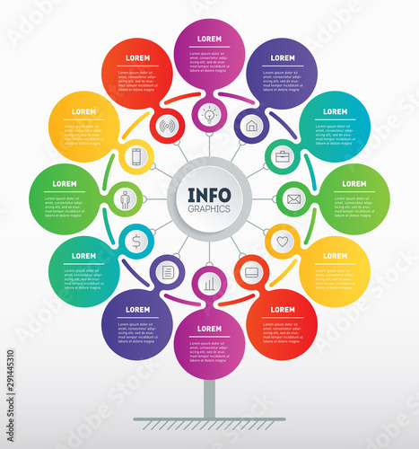 Business presentation or infographics concept with 12 options. Template of development tree, chart or diagram. Info graphic of technology or education process with Twelve steps.