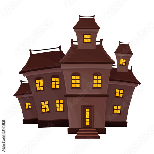 Brown creepy house with a small tower on the roof. Vector illustration.