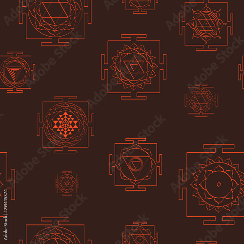 Seamless pattern with Yantra Hinduism symbols
