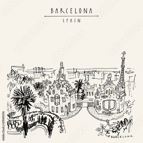 Barcelona, Catalonia, Spain. Arc de Triomf (Triumphal Arch) in the Neo-Mudejar style and palm trees. Travel sketch. Hand drawn vintage touristic postcard, poster, book illustration. EPS10 vector artwo