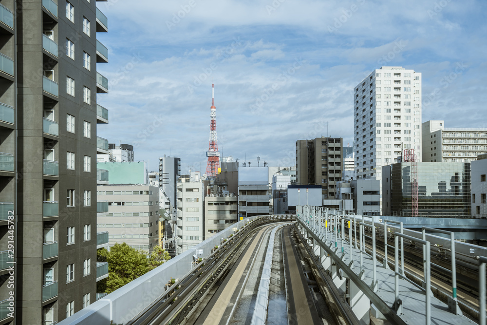 Naklejka premium Cityscape from monorail sky train in Tokyo