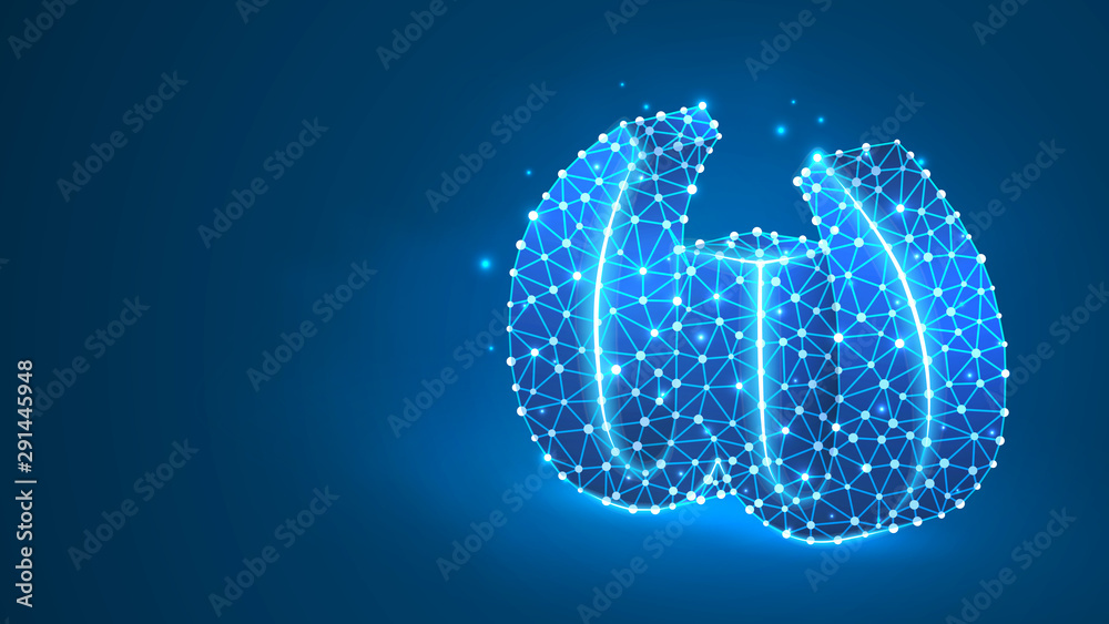 Omega, the letter of a Greek alphabet. Greek numerals, mathematical eight hundred number concept. Abstract, digital, wireframe, low poly mesh, Raster blue neon 3d illustration. Triangle, line dot