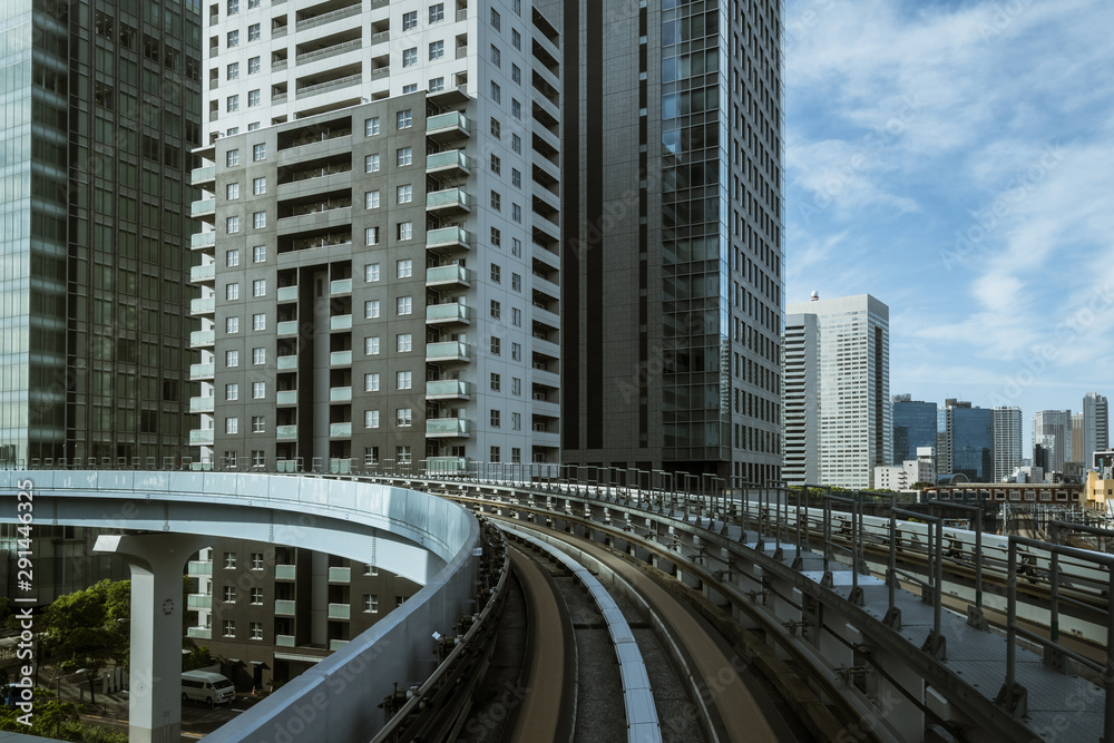 Cityscape from monorail sky train in Tokyo