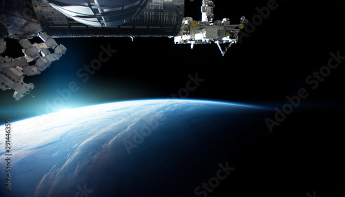 Fototapeta Naklejka Na Ścianę i Meble -  View of planet Earth from a space station window during a sunrise 3D rendering elements of this image furnished by NASA