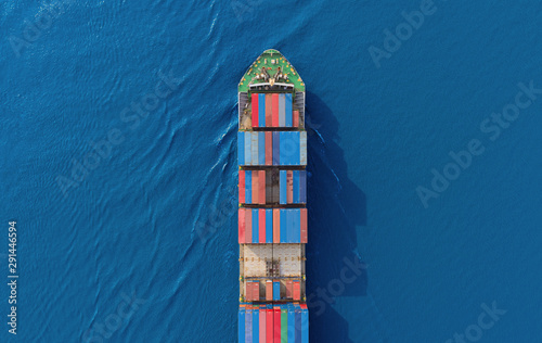 Aerial top view container ship for logistics, import export, shipping or transportation.