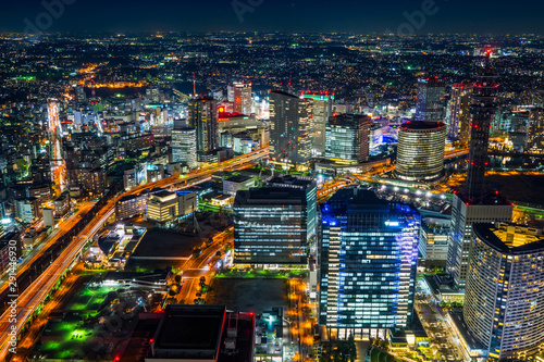 city skyline aerial night view in Yokohama, Japan © voyata