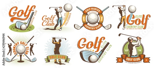 Golf retro logo with clubs balls and golfer. Vintage country golf club emblem set. Vector illustration.