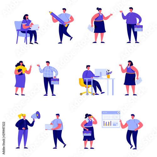 Set of flat people corporate business characters. Bundle cartoon people different employee team with laptop isolated on white background. Vector illustration in flat modern style. © alexdndz