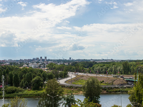 Yaroslavl. View from height. View from the monastery belfry of the Transfiguration monastery. Modern buildings in the old town