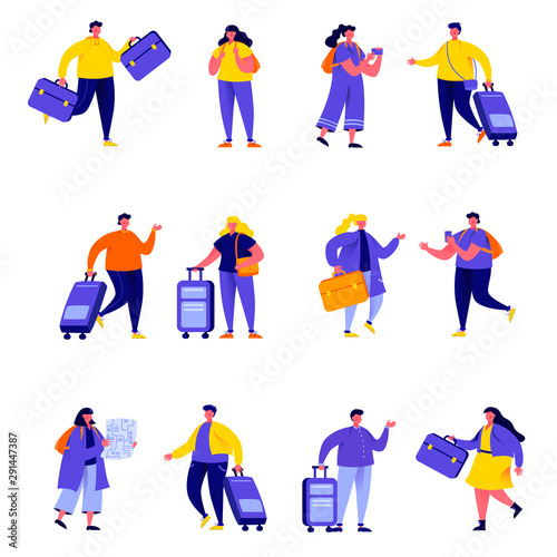 Set of flat people couple family travelling with backpacks characters. Bundle cartoon people tourists travel in bags isolated on white background. Vector illustration in flat modern style.
