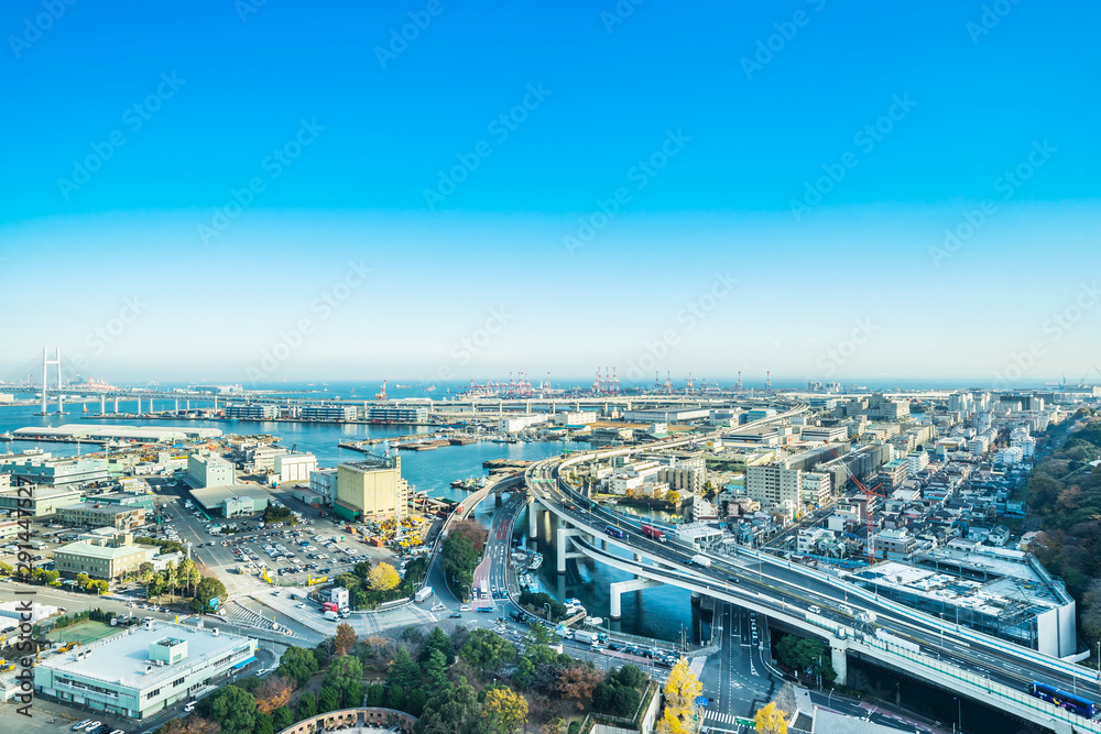 city skyline aerial day view in Yokohama, Japan