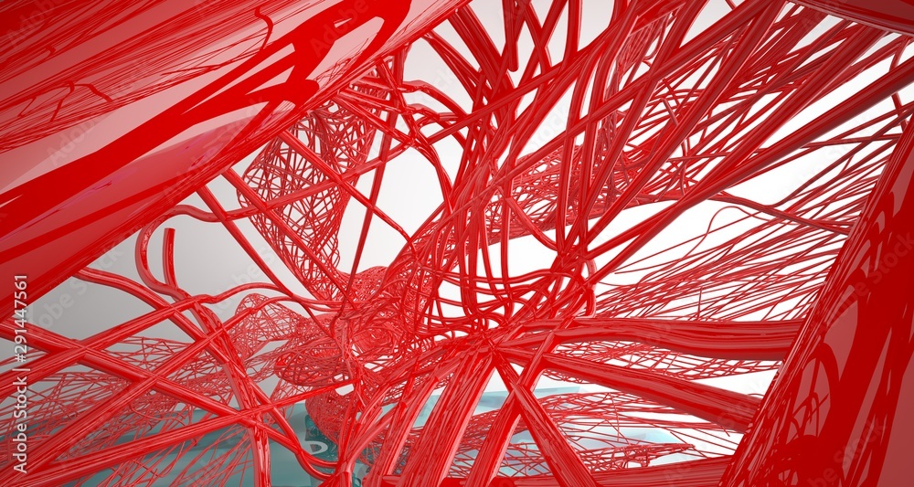 White and smooth red lines abstract architectural background with water. 3D illustration and rendering