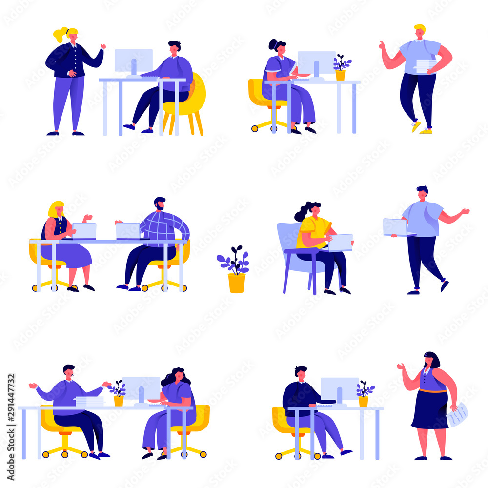 Set of flat people coworking space with creative characters. Bundle cartoon people business team working together isolated on white background. Vector illustration in flat modern style.