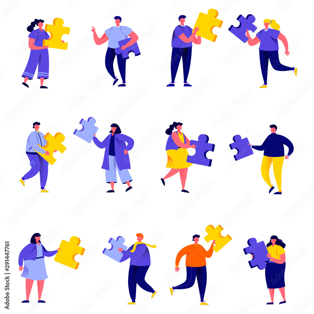 Set of flat people connecting puzzle elements characters. Bundle cartoon people business team metaphor isolated on white background. Vector illustration in flat modern style.