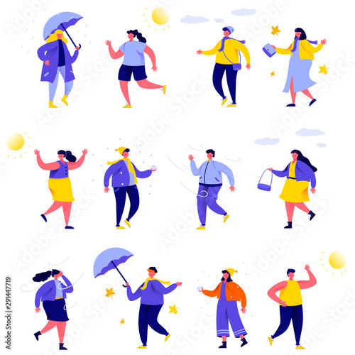 Set of flat people various weather characters. Bundle cartoon people walking in the rain  in snow  in a big wind isolated on white background. Vector illustration in flat modern style.