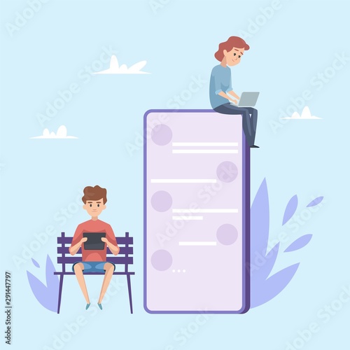 Chatting concept. Young boy and girl have online conversation. Cartoon character teenagers with laptop and smartphone. Conversation girl and boy online, chat communication illustration