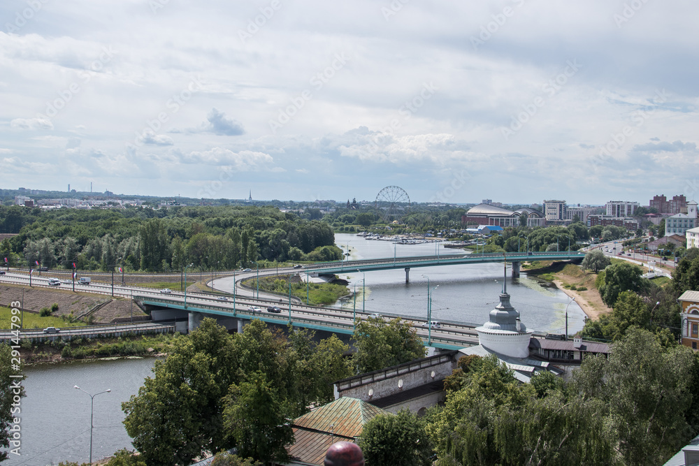 Yaroslavl. View from height. View from the monastery belfry of the Transfiguration monastery. Modern buildings in the old town Yaroslavl. View from height. View from the monastery belfry of the Transfiguration monastery. Modern buildings in the old town