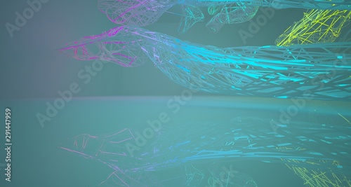 Abstract architectural smooth white interior of a minimalist wires with color gradient neon lighting. 3D illustration and rendering.