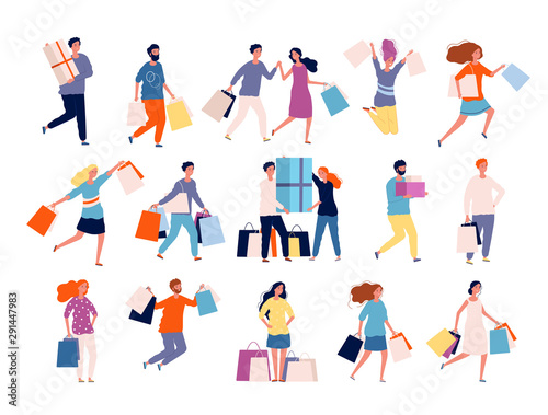 Shopping characters. People in market boutique store buyers discount crazy shopping vector persons. Illustration customer shopping, shopper with purchase and package photo