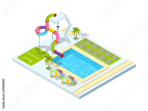 Pool hotel. Recreation area resort vacation water slide park vector isometric illustration. Resort park recreation, outdoor aqua-park