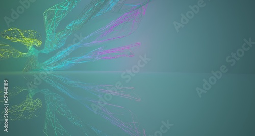 Abstract architectural smooth white interior of a minimalist wires with color gradient neon lighting. 3D illustration and rendering.