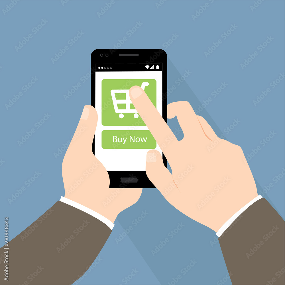 Online shopping with hand holing smart phone with buy button on the screen. Online shopping with hand holing smart phone with buy button on the screen.