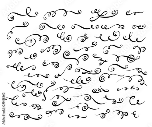 Hand drawn decorative elements set. Collection of 50 flourishes, swashes, for page design.
