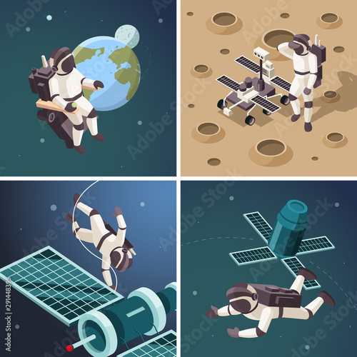 Fototapeta Naklejka Na Ścianę i Meble -  Space illustrations. Astronauts outdoor planet surface space orbit floating spaceship discovery universe vector isometric backgrounds. Spaceman on moon and fly around earth illustration
