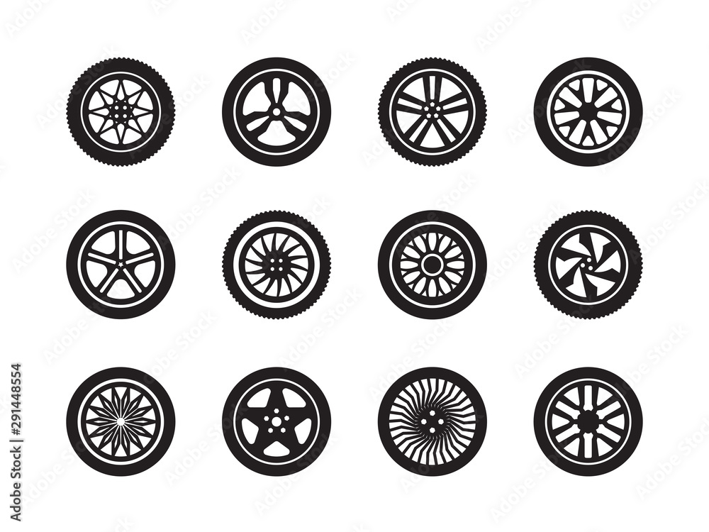 Wheels car. Tire shapes transport wheels silhouettes vector vehicle symbols collection. Illustration tire automobile wheel, silhouette rubber tyre car Wheels car. Tire shapes transport wheels silhouettes vector vehicle symbols collection. Illustration tire automobile wheel, silhouette rubber tyre car